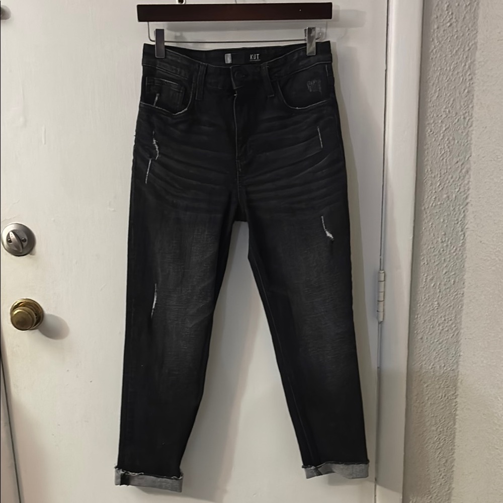 Kut from the Kloth Rachel Fab Ab High Rise Mom Jeans Black 4 Casual Distressed